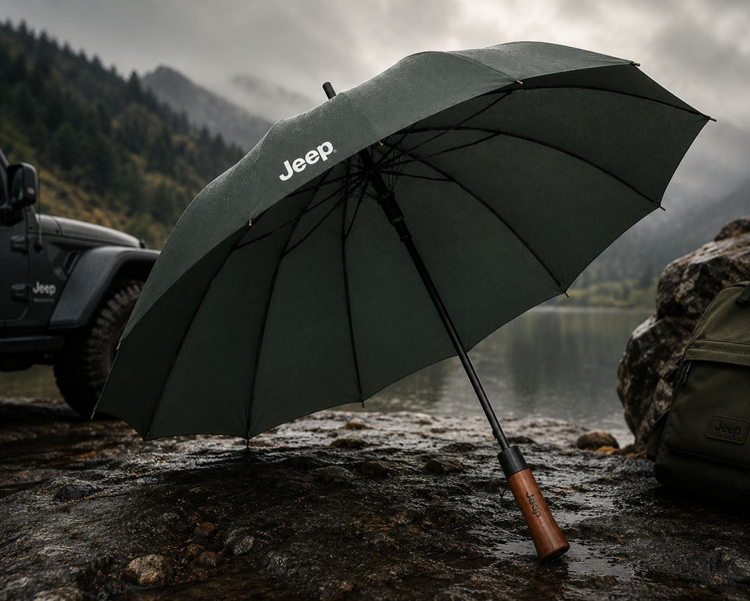 Jeep Olive Green Premium Long Umbrella with Wooden Handle & Protective Cover