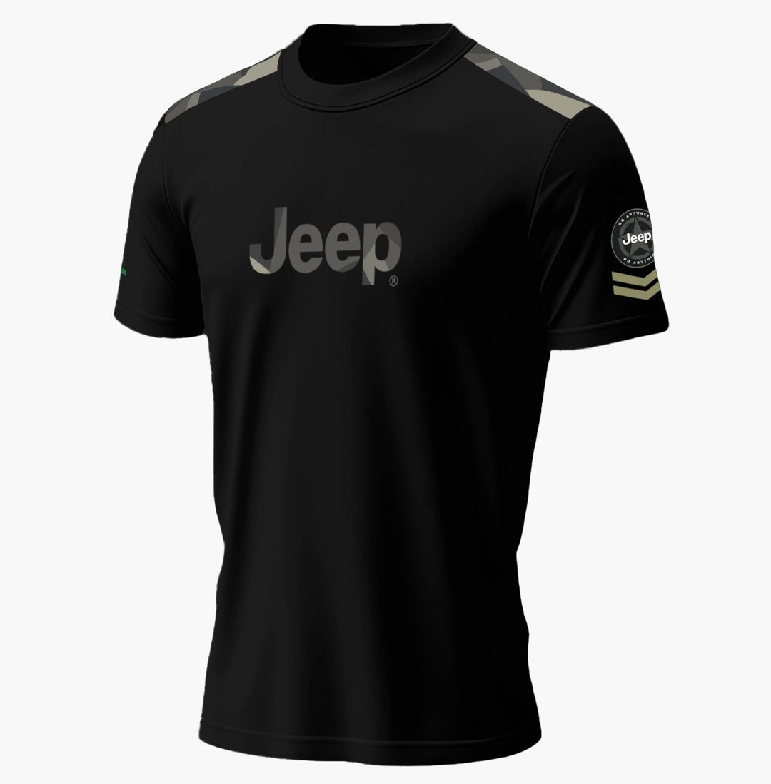 Camo round neck Jeep T-shirt made from premium 180 GSM cotton with eco-friendly printing and reinforced stitching.
