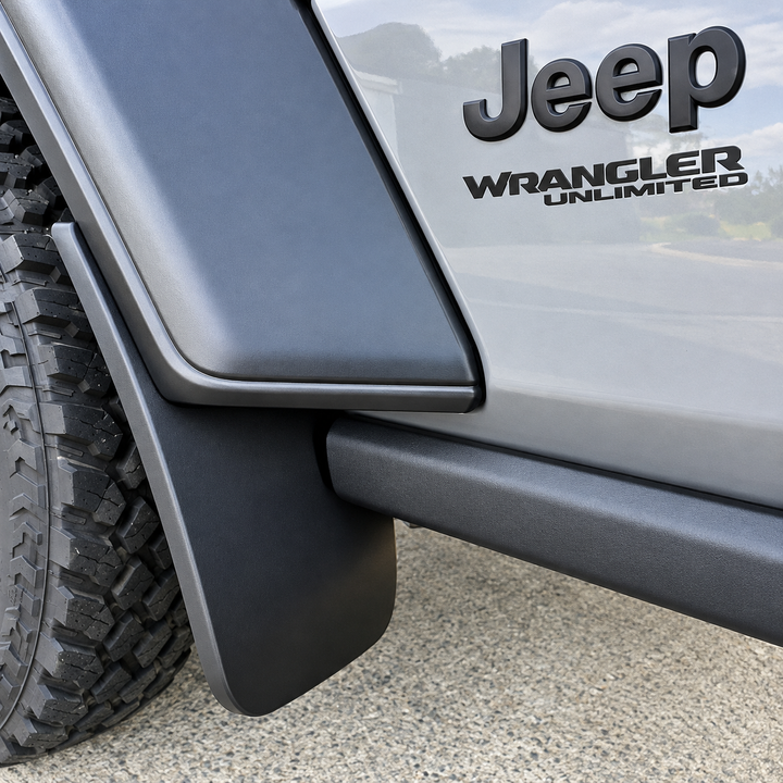 Front Splash Guards for Jeep Wrangler JL 4-Door – Sahara & Sport Non-4xe, Black Paintable Mud Flap