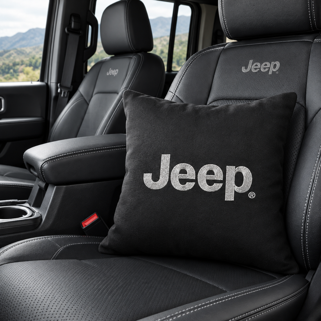 Jeep Black Leather Cushion – Embroidered Logo | Car Seat Accessory