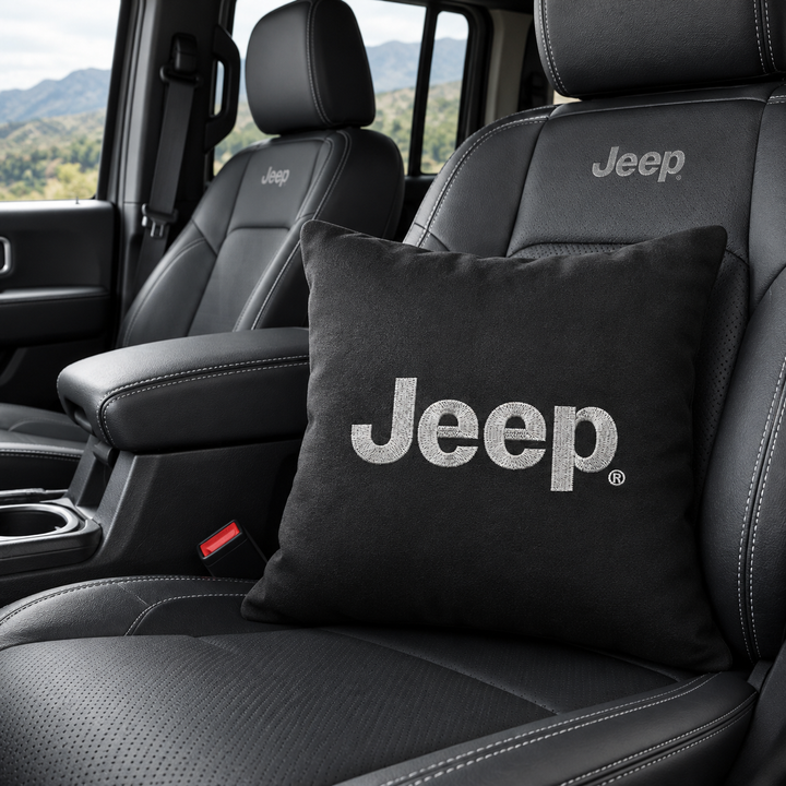 Jeep Black Leather Cushion – Embroidered Logo | Car Seat Accessory