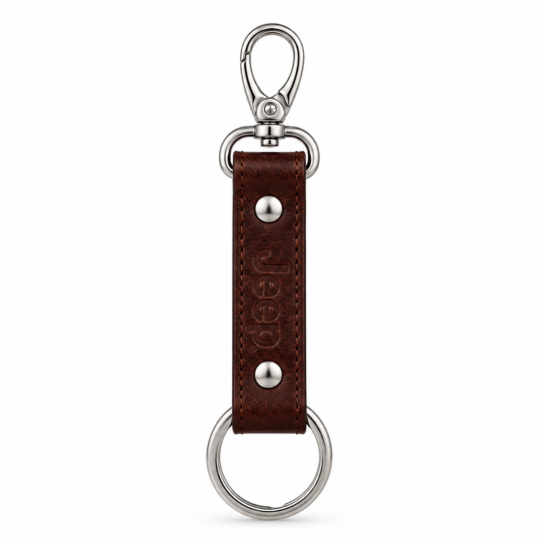 Jeep Leather Keychain – Brown Leather Key Ring with Metal Clip