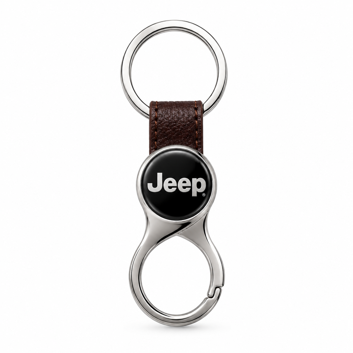 Jeep Keychain – Black Leather Strap with Metal Carabiner Clip & Jeep Logo
