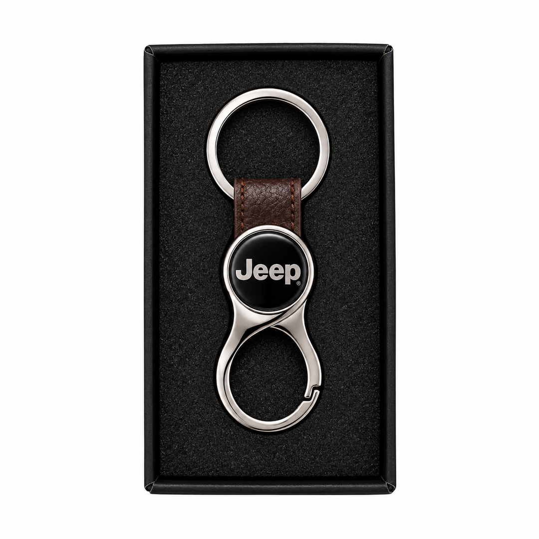 Jeep Keychain – Black Leather Strap with Metal Carabiner Clip & Jeep Logo