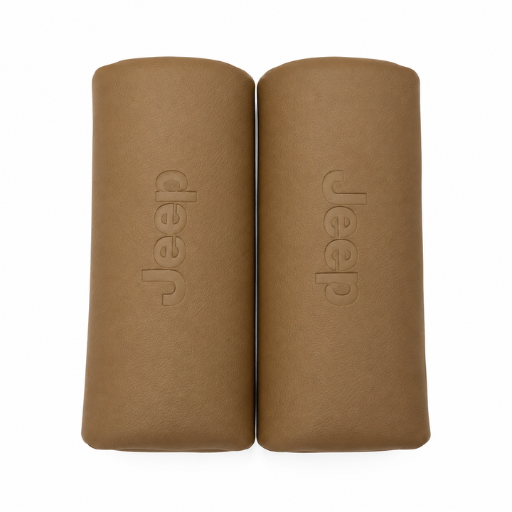 Jeep Tan Leatherette Car Neck Rest Cushion Set of 2 – Headrest & Neck Support Pillow
