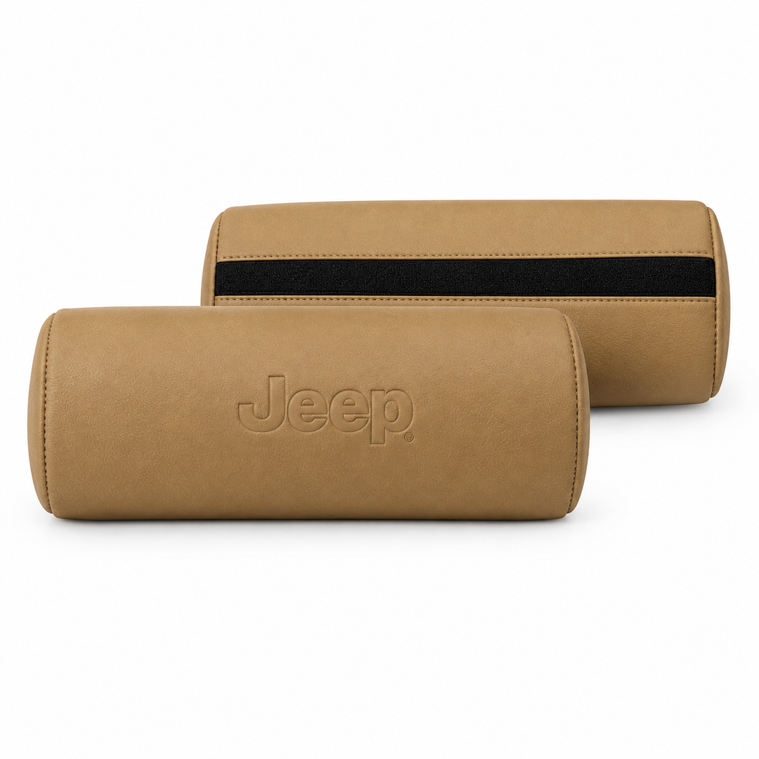 Jeep Tan Leatherette Car Neck Rest Cushion Set of 2 – Headrest & Neck Support Pillow
