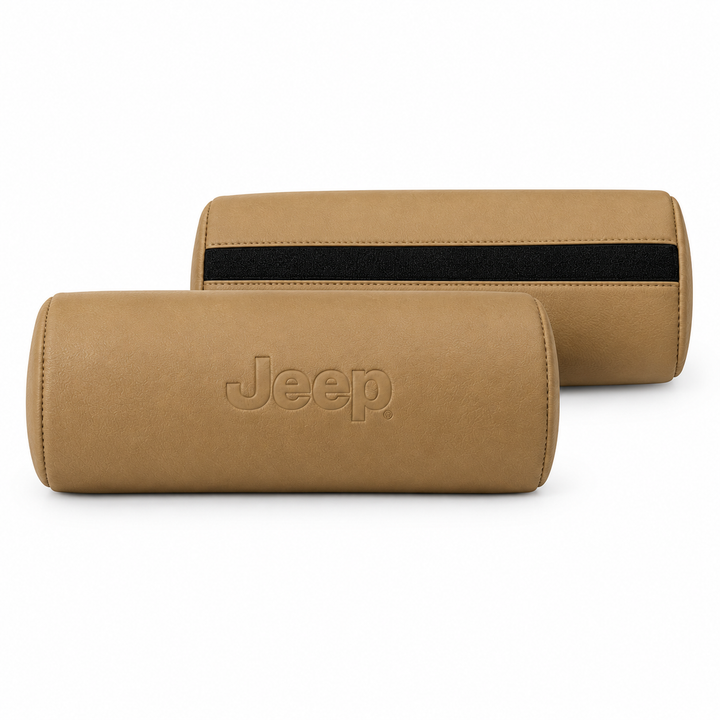 Jeep Tan Leatherette Car Neck Rest Cushion Set of 2 – Headrest & Neck Support Pillow
