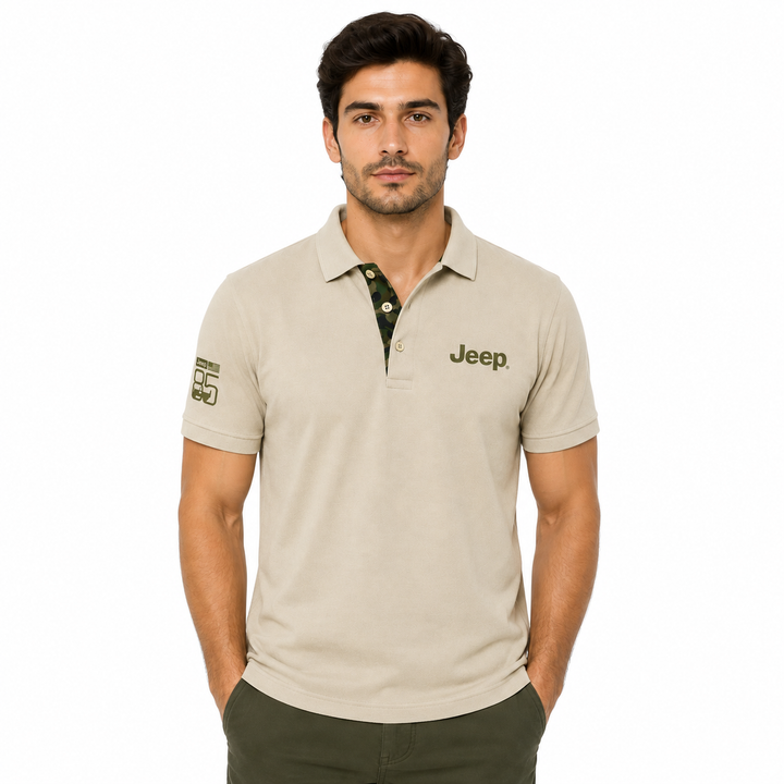 Jeep Men's 85th Anniversary Beige Polo T-Shirt