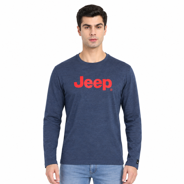 Jeep Men’s Classic Logo Full-Sleeve T-Shirt - Mélange Blue