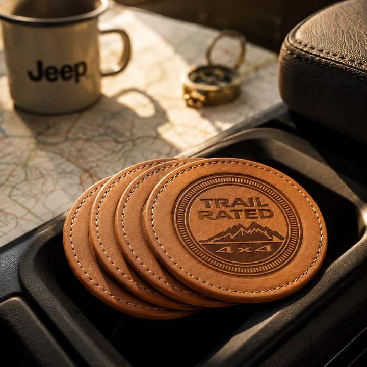 Jeep Trail Rated 4x4 Leather Coasters – Set of 4