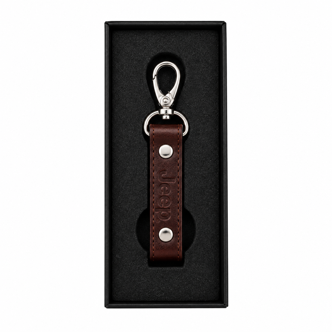 Jeep Leather Keychain – Brown Leather Key Ring with Metal Clip