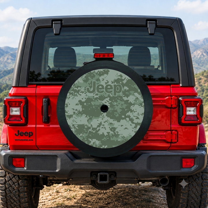Camo Jeep® Logo 32-Inch Spare Tire Cover – Black & Green Camouflage Vinyl Cover