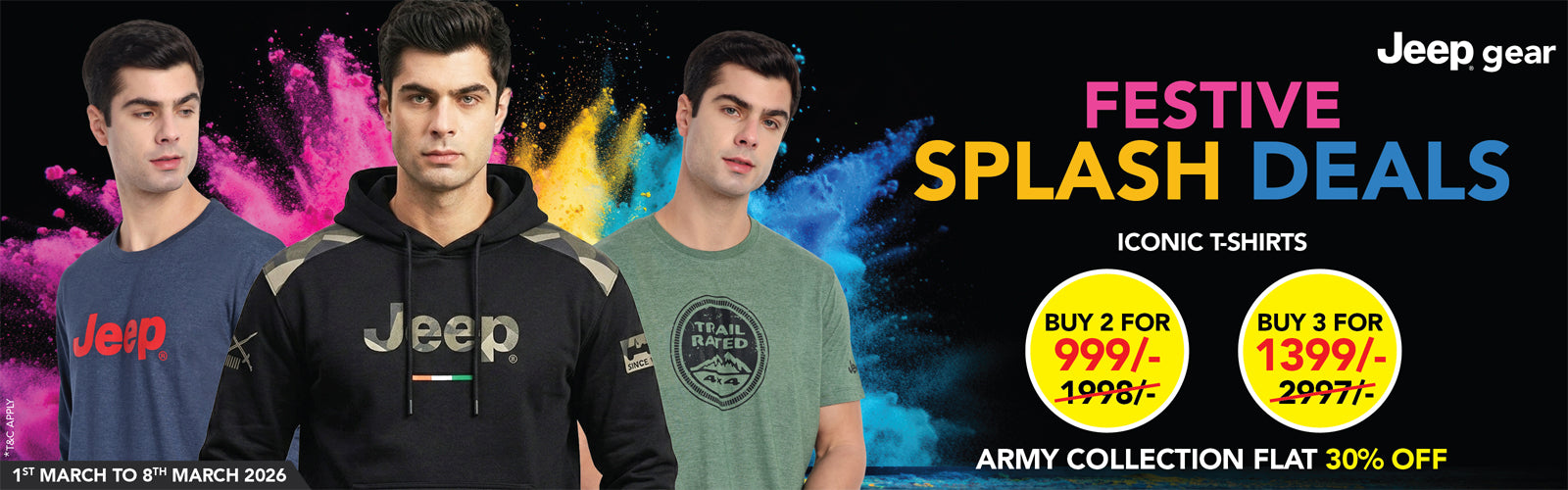 Promotional banner for Jeep t-shirts with 'Festive Splash Deals' and colorful abstract design.