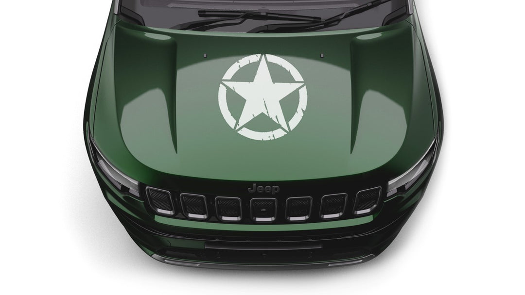 Add rugged style to your Jeep with the white Pentagon Star hood decal. Durable, weatherproof, and easy to apply. Fits Compass, Meridian, Wrangler & Grand Cherokee.
