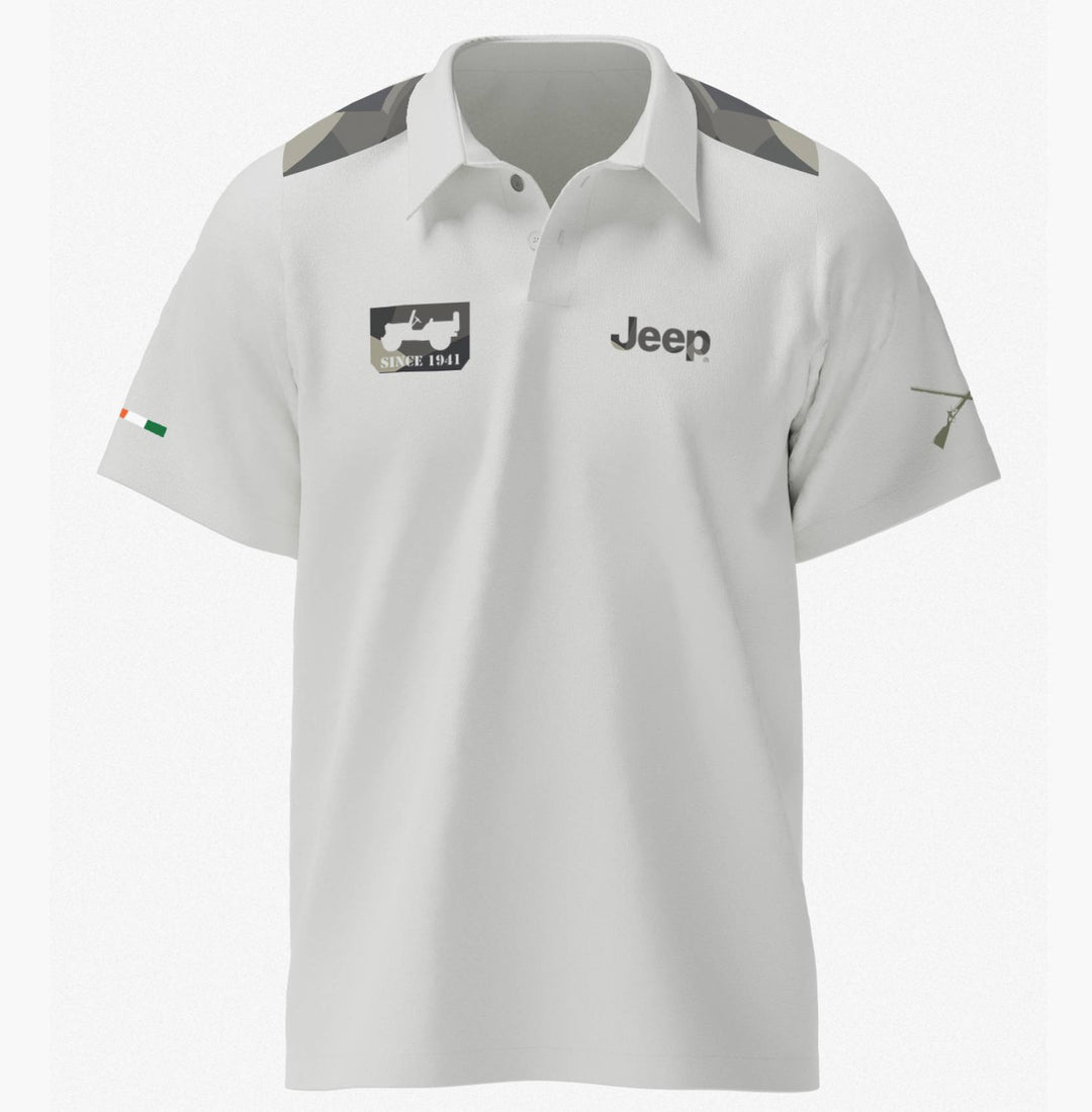 White Jeep Insignia Polo T-Shirt with honeycomb texture and eco-friendly prints