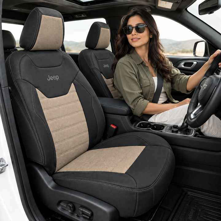 Jeep Compass Premium Seat Covers – Black & Beige Quilted Seat Cover Set