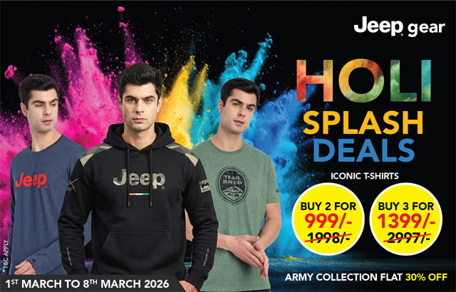 Promotional advertisement for Jeep gear Holi Splash Deals with three men wearing branded clothing against a colorful powder background.
