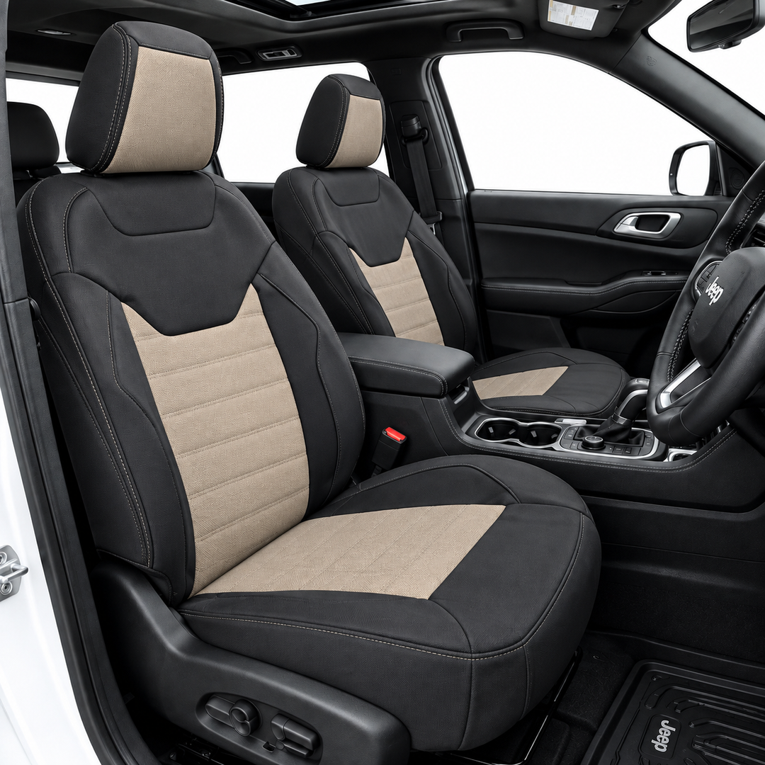 Jeep Compass Premium Seat Covers – Black & Beige Quilted Seat Cover Set