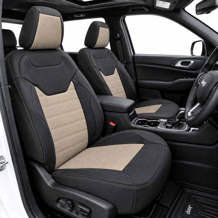 Jeep Compass Premium Seat Covers – Black & Beige Quilted Seat Cover Set