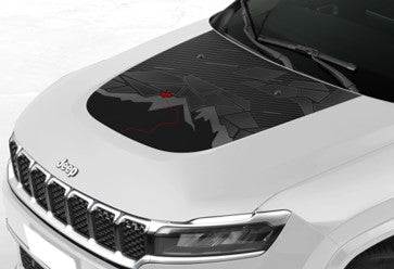 Trail-inspired hood decal for Jeep Compass in rugged, weather-resistant vinyl with bold off-road design.