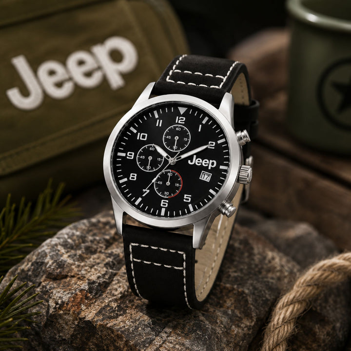 Jeep Watch with Black Leather Strap – Rugged Elegance for Everyday Explorers