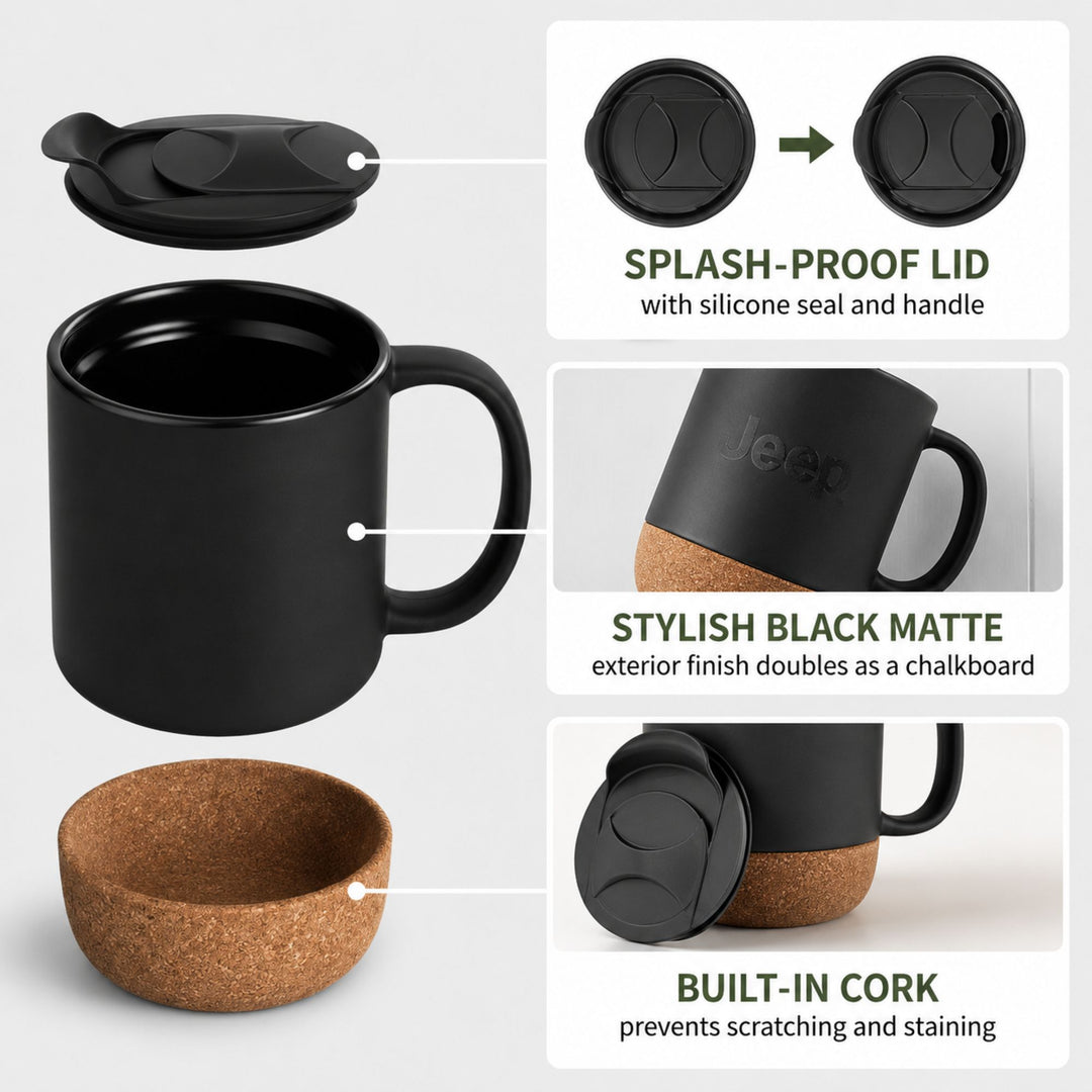 Jeep Premium 300 ml Ceramic Coffee Mug with Cork Base & Lid – Matte Black