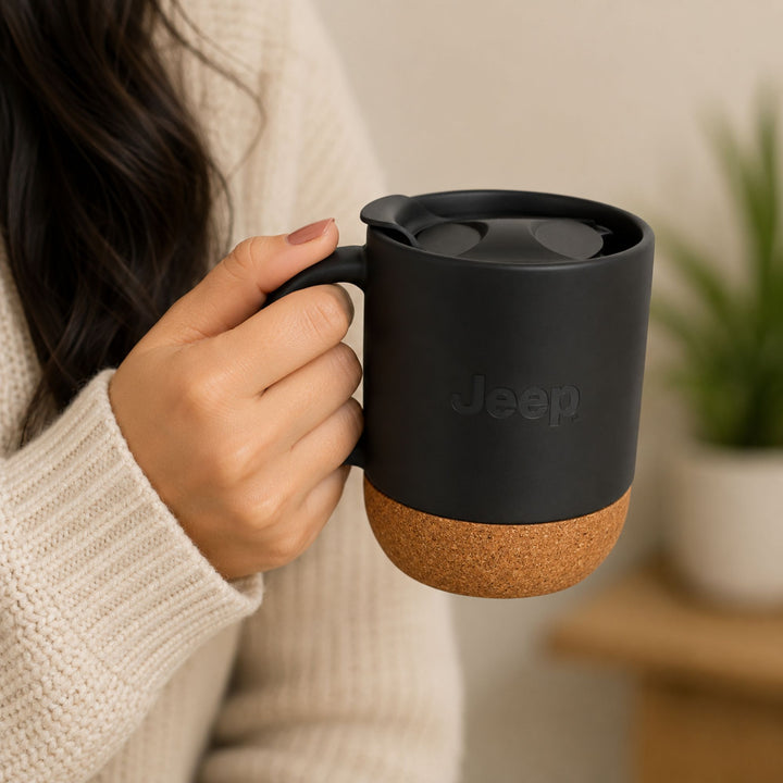 Jeep Premium 300 ml Ceramic Coffee Mug with Cork Base & Lid – Matte Black