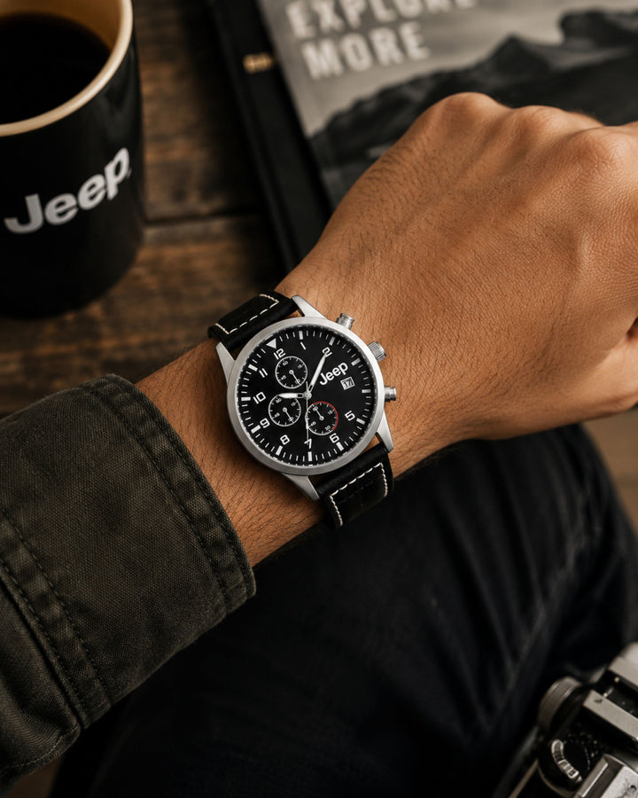 Jeep Watch with Black Leather Strap – Rugged Elegance for Everyday Explorers