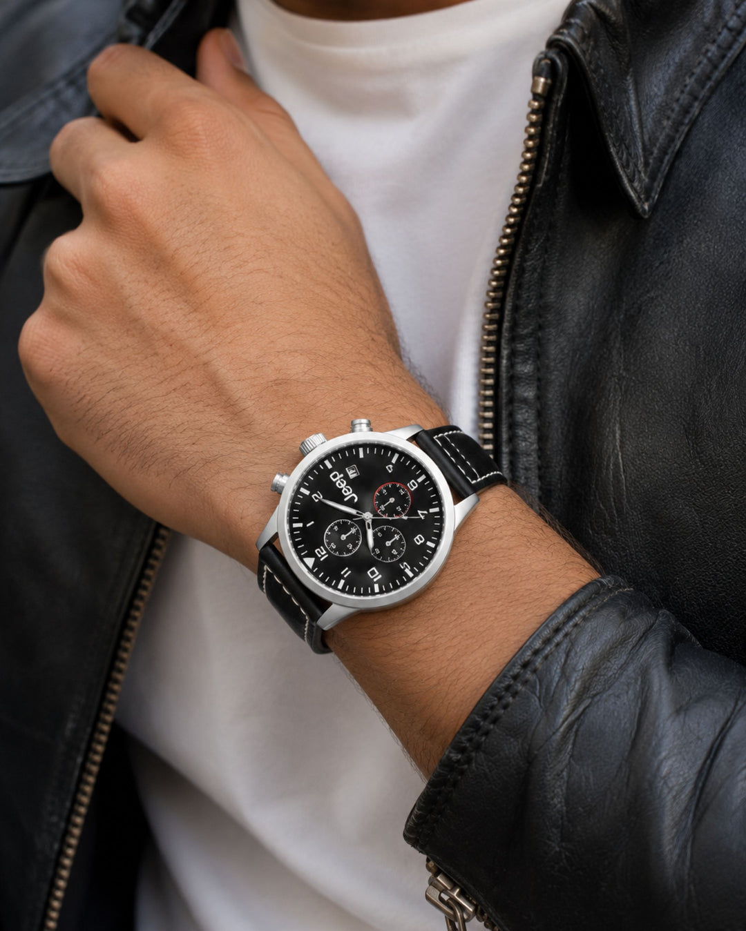 Jeep Watch with Black Leather Strap – Rugged Elegance for Everyday Explorers