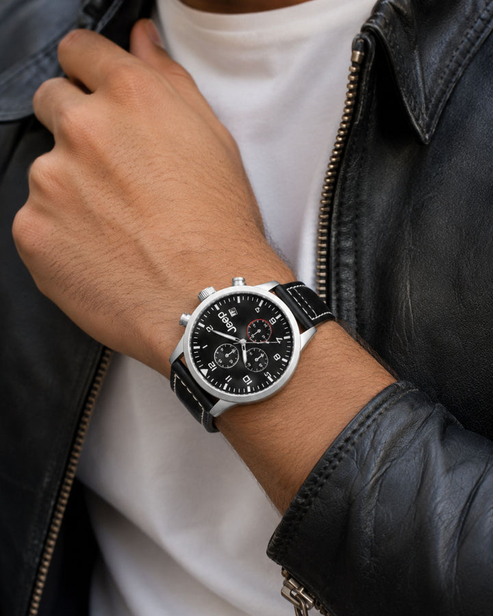 Jeep Watch with Black Leather Strap – Rugged Elegance for Everyday Explorers