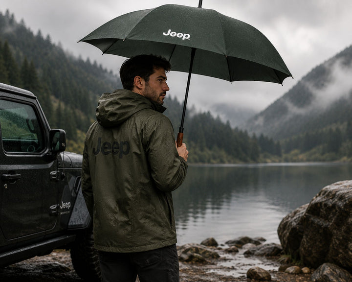 Jeep Olive Green Premium Long Umbrella with Wooden Handle & Protective Cover