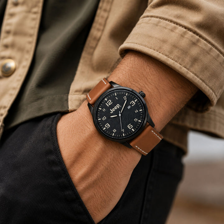 Jeep Watch with Brown Leather Strap – Rugged Elegance for Everyday Adventures