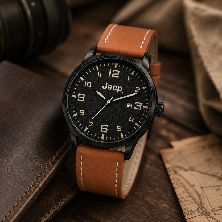 Jeep Watch with Brown Leather Strap – Rugged Elegance for Everyday Adventures