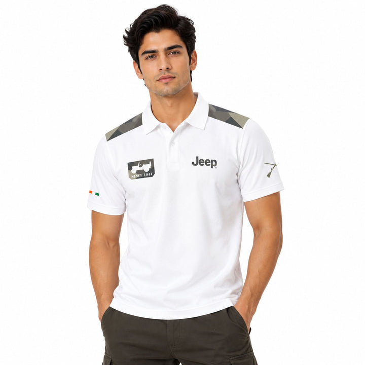 Jeep Men's Insignia Polo T-Shirt – White Cotton Honeycomb Polo