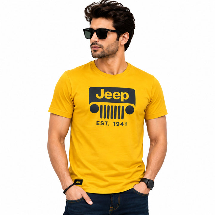 Jeep Men's Yellow Graphic Print Cotton T-Shirt